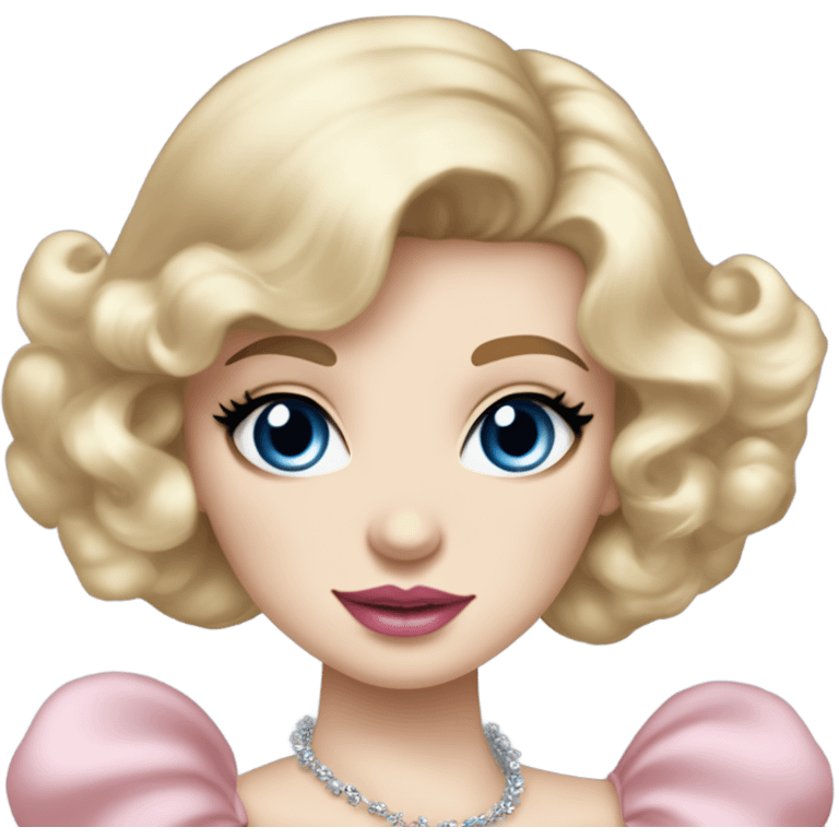 girl with blonde hair pale skin blue eyes. Pink lips blush Smokey eye (but not too much). Make her face. Vintage blowout not too curly but still.  princess dress, puffed sleeves and the choker necklace (think Versailles but not too much). emoji