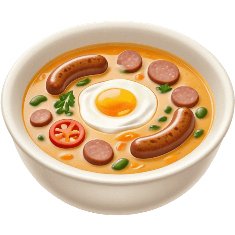 Cinematic Realistic ≈ªurek Soup Dish Emoji, depicted as a tangy, creamy rye soup with sausage and egg rendered with detailed textures and warm, comforting lighting. emoji