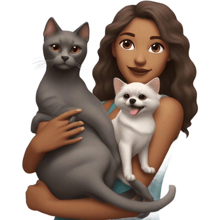 Woman in the right arm is holding a sphinx grey cat and in the left arm holding a Pomeranian dog emoji