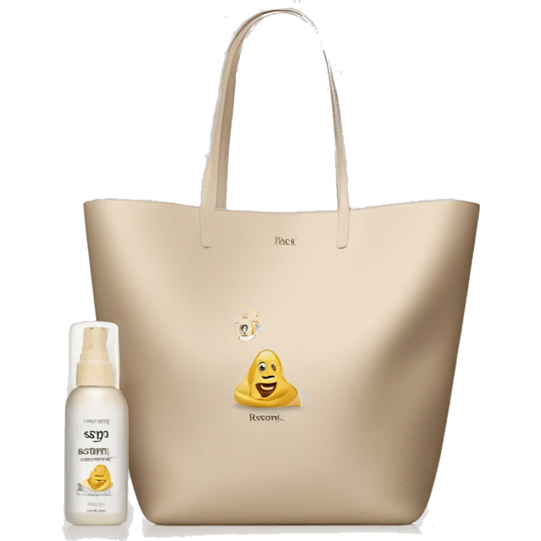 Beige shopper bag and mist with spf in luxurious bottlw emoji