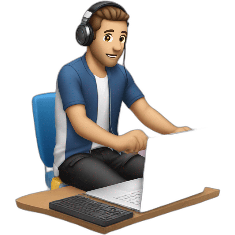 Dj guy before a laptop holding his headset with one hand emoji