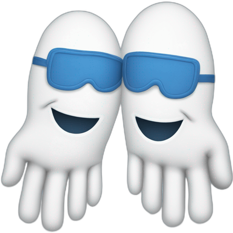 Deux gants blancs souriants, il y a dessiné en bleu un signe mystérieux maçonnique bleu de deux équerres inversées.  emoji