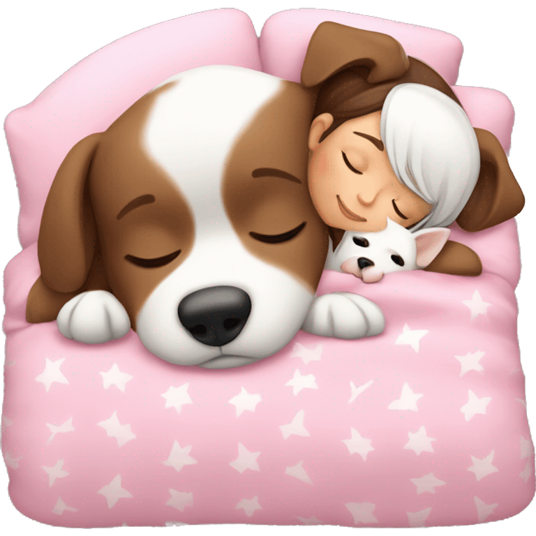 Brown haired girl in pink pjs sleeping with white little dog emoji