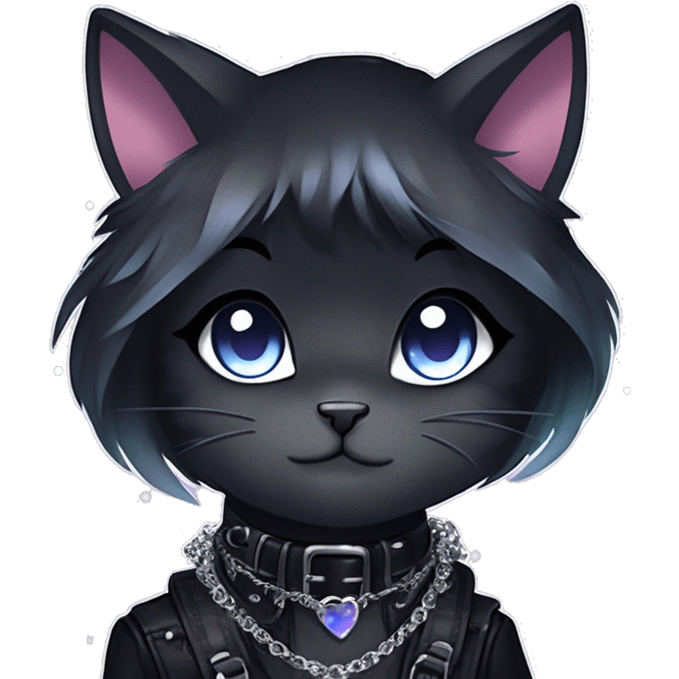 Gorgeous sparkly legendary gradient gothic dark techwear anime style anthro cat with blushing face aesthetic and pretty edgy black with collar and harness trending style emoji