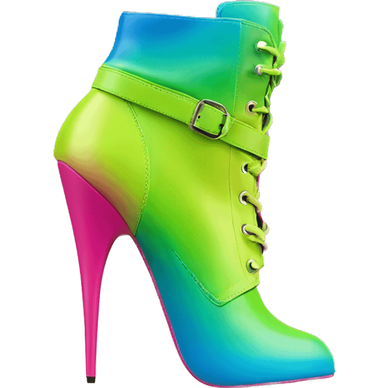 Realistic isolated top view pair of lime green,hot pink ,blue and green ombre high heel ankle bootie boots.  emoji