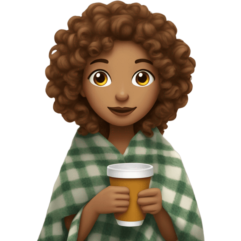 Tan skin Brown curly hair Girl drinking cup of tea, with a cozy blanket emoji