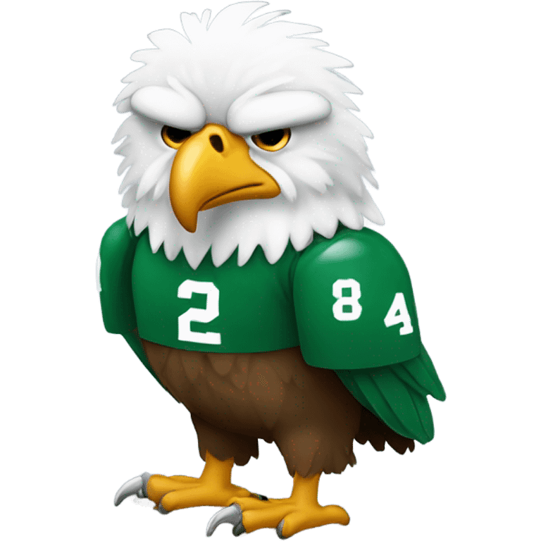 Small sad eagle with frown face and fat belly and green football jersey emoji