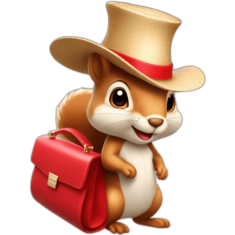 a squirrel in a hat with a wide brim a beautiful dress and with plump lips and with a fashionable red bag emoji