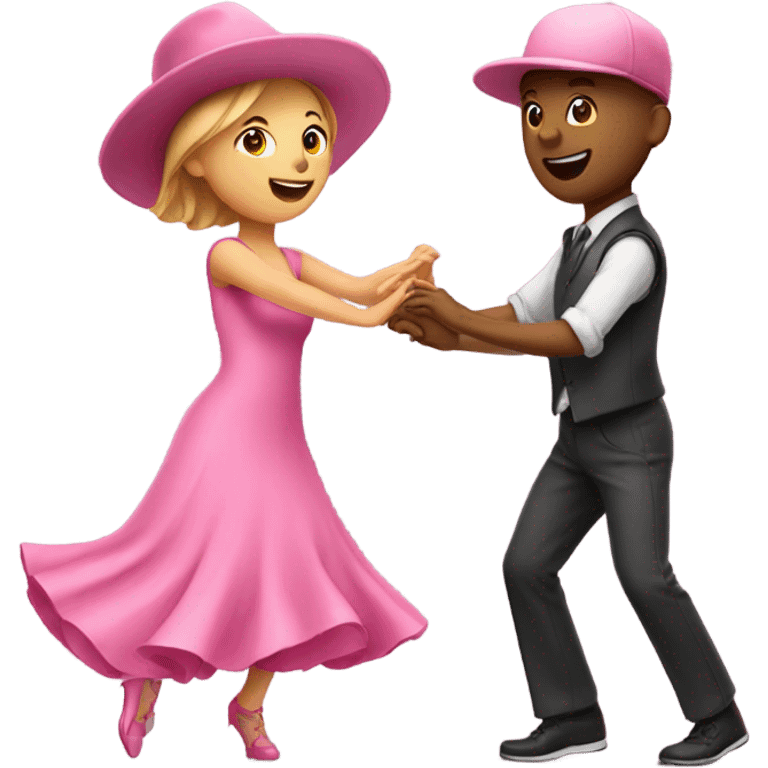 A girl dancing in a pink dress with a guy dancing in a pink hat emoji