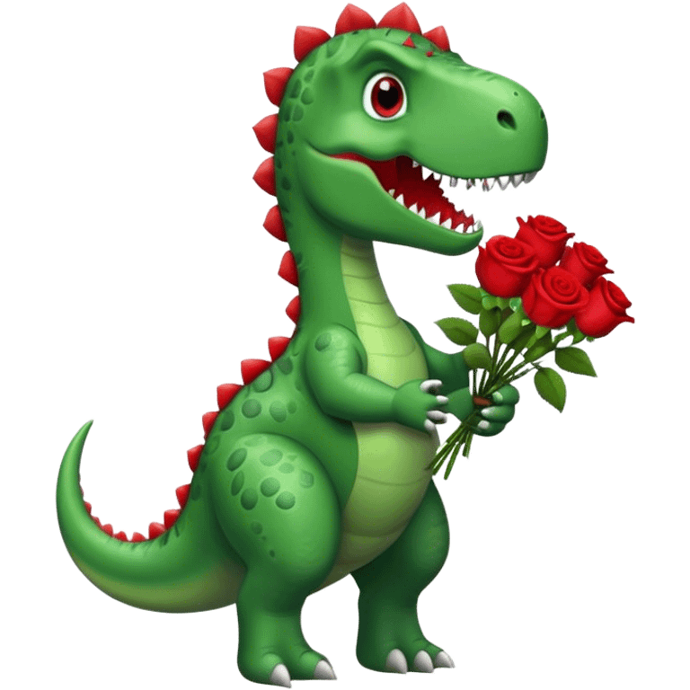 Dinosaur holding bouquet of red roses emoji