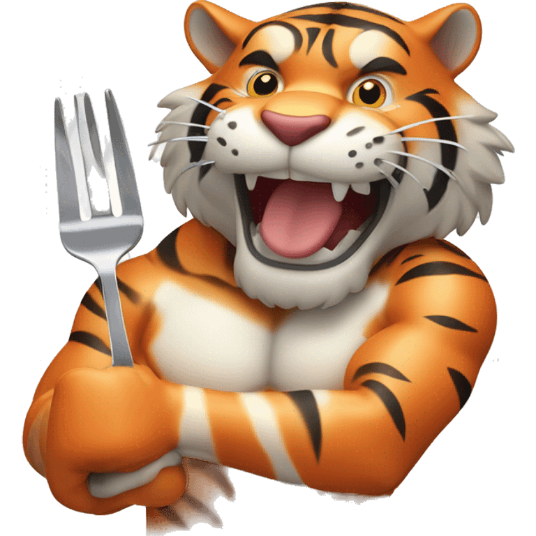 a muscular grinning tiger holding a fork poking into a fillet of salmon with the tip of its paws emoji