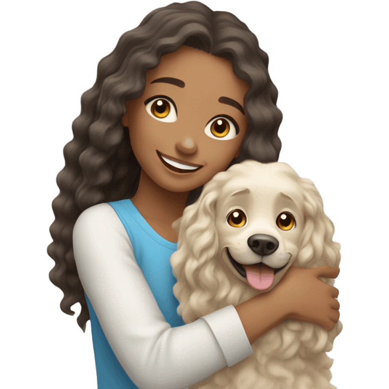 Please create a girl who hugs her pet doggie. The girl has a cute face and so does the doggie. The girl has light skin, blue eyes and light wavy long hair. emoji