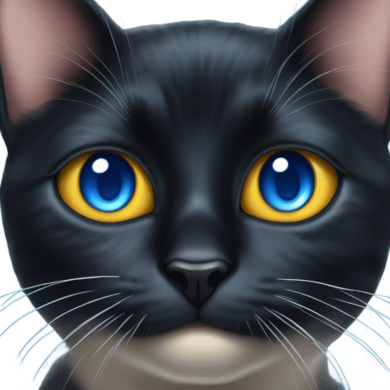 realistic black cat portrait with one eye blurry and blue emoji