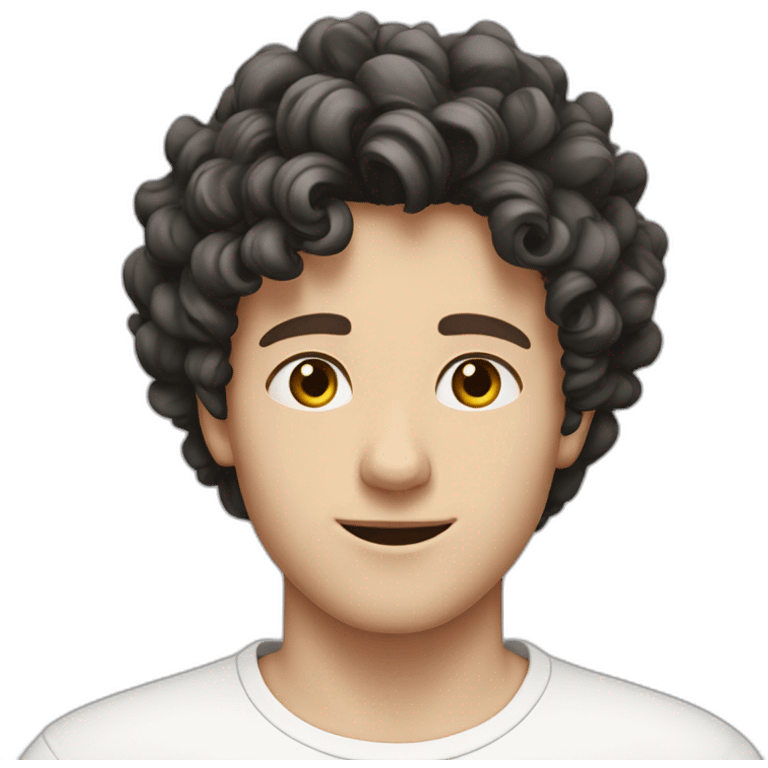 young white European guy with a white shirt and curly black hairs emoji