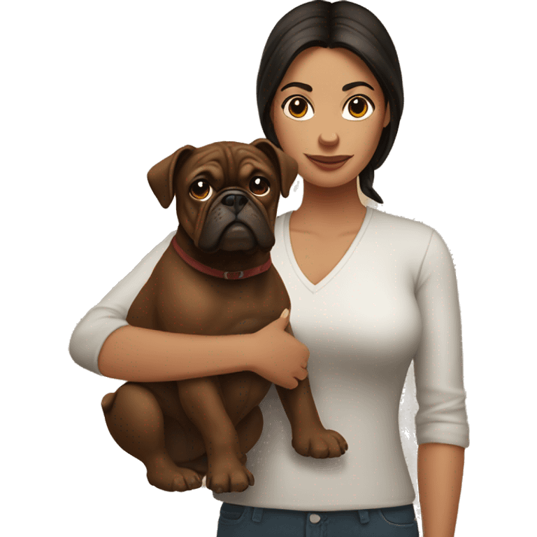 Woman with dark hair holding a brown bulldog with dark brown face emoji