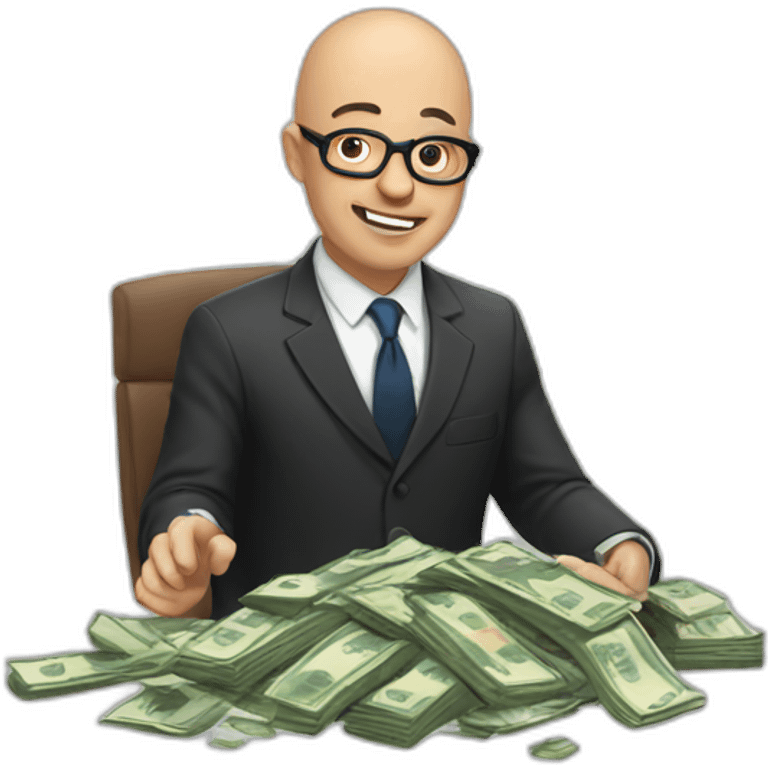 Bald lawyer with glasses throwing money at poor people emoji