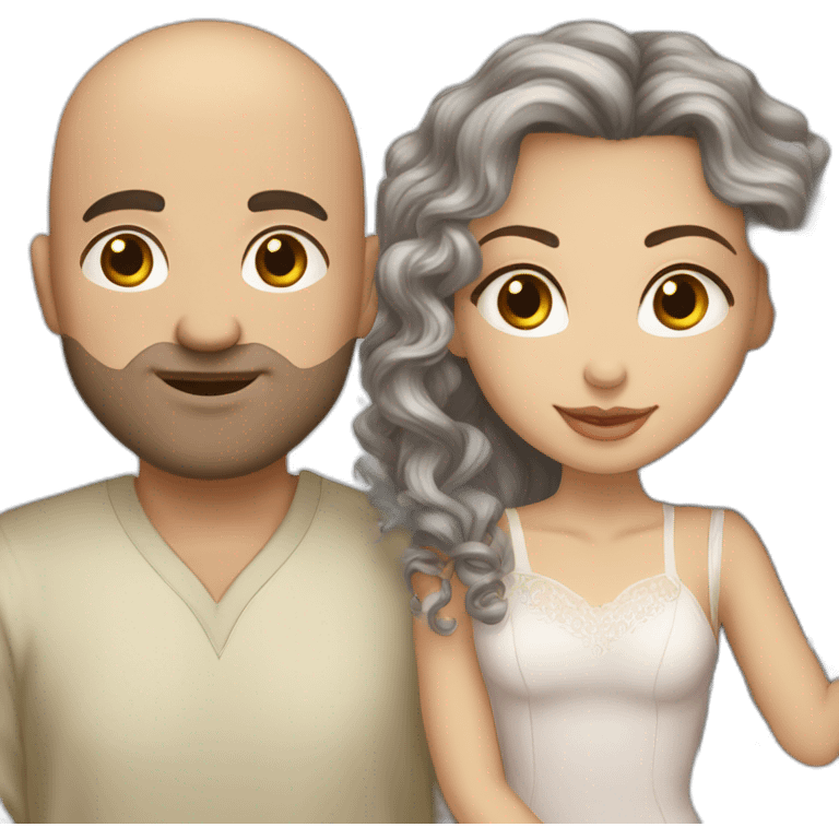 caucasian bald man with grey eyes and a caucasian woman with long curly dark hair and brown eyes kissing emoji