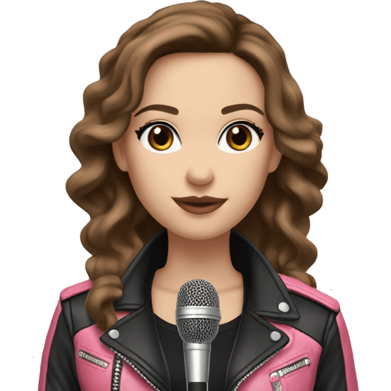 Pretty White Woman, Long Brown Wavy Hair, Brown Eyes, with black eyeshadow Wearing A Pink top and a Black Leather Jacket, holding a microphone  emoji