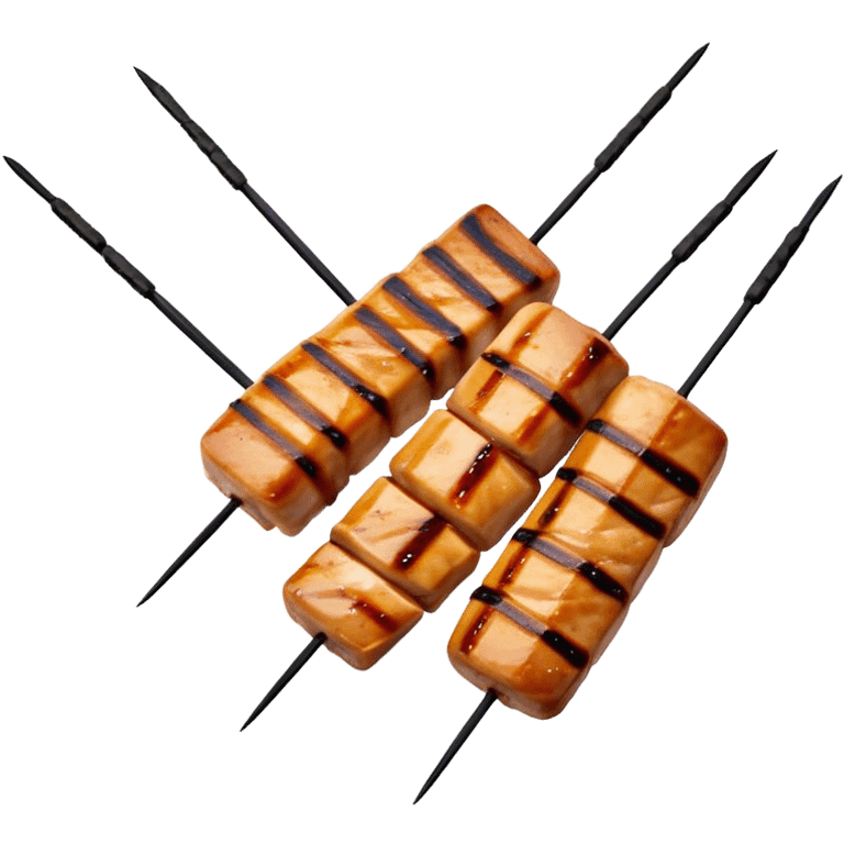 Cinematic Realistic Yakitori Dish Emoji, depicted as skewered, grilled chicken pieces with a charred finish rendered with crisp textures and appetizing, natural lighting. emoji