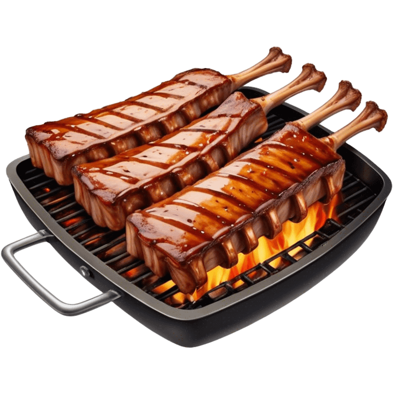 Cinematic juicy grilled ribs, glistening with smoky barbecue sauce, charred edges, tender meat falling off the bone, sizzling on a hot grill, mouthwatering and rich, warm and inviting, ultra-realistic and delicious. emoji