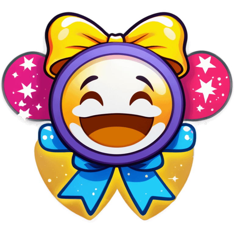 Smiling emoji with bow on top with sparkles around emoji