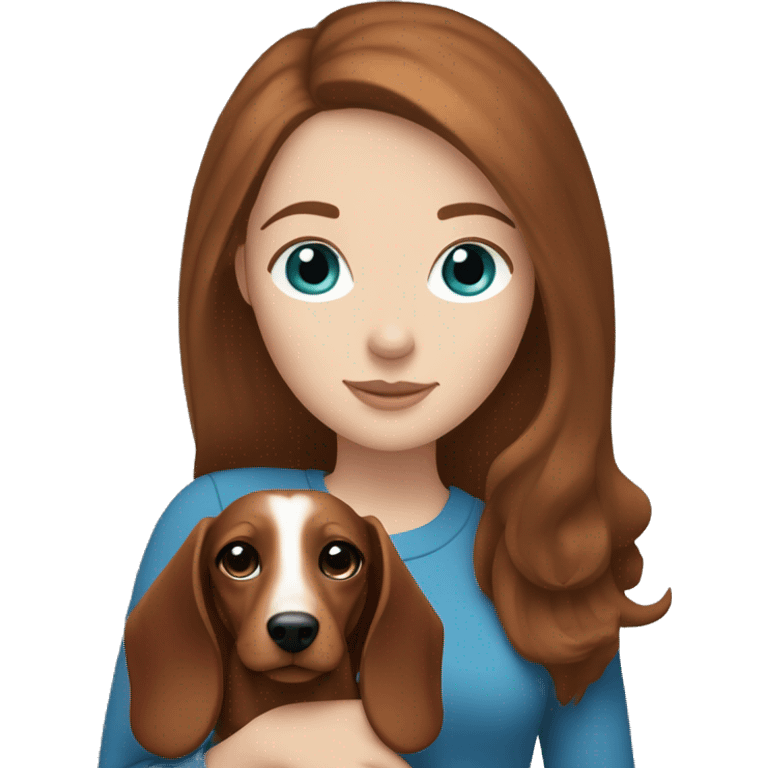 White girl with straight brown hair and blue eyes holding a red dachshund  emoji