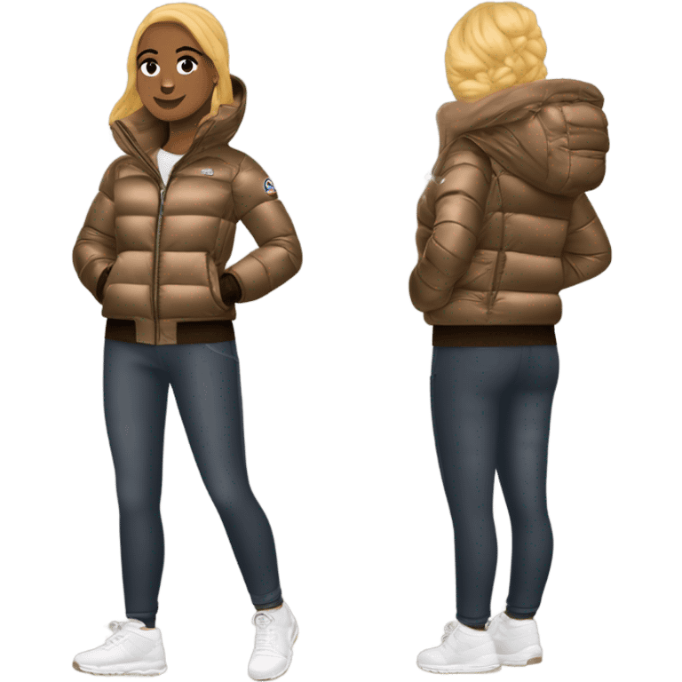 Fais moi un bitmoji avec un ensemble sport, une doudoune type moncler, avec un vue de ville et une montre et chaîne en diamant mais avec la peau bronzé emoji