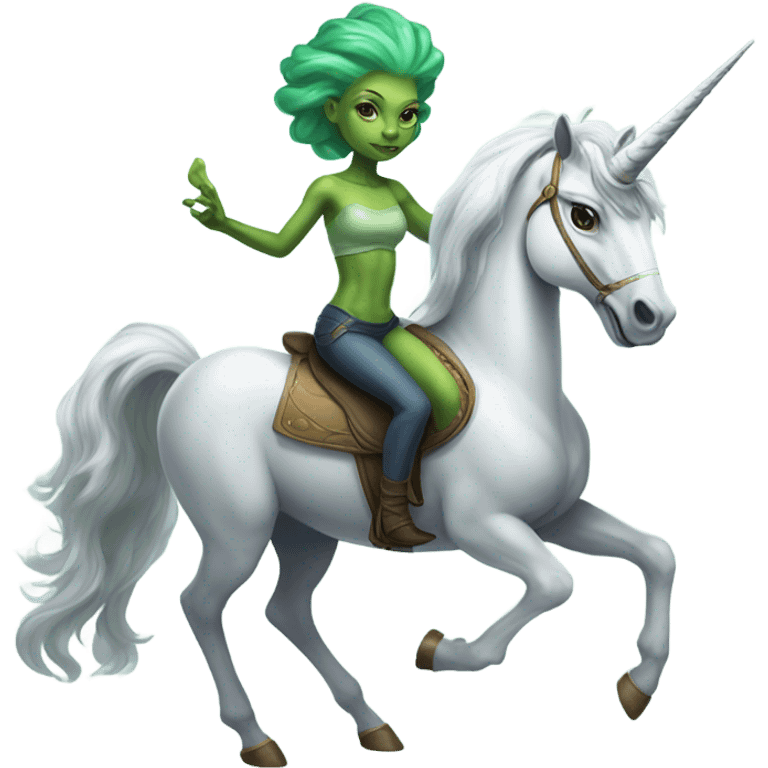 a green amazon alien woman on a grey white unicorn emoji