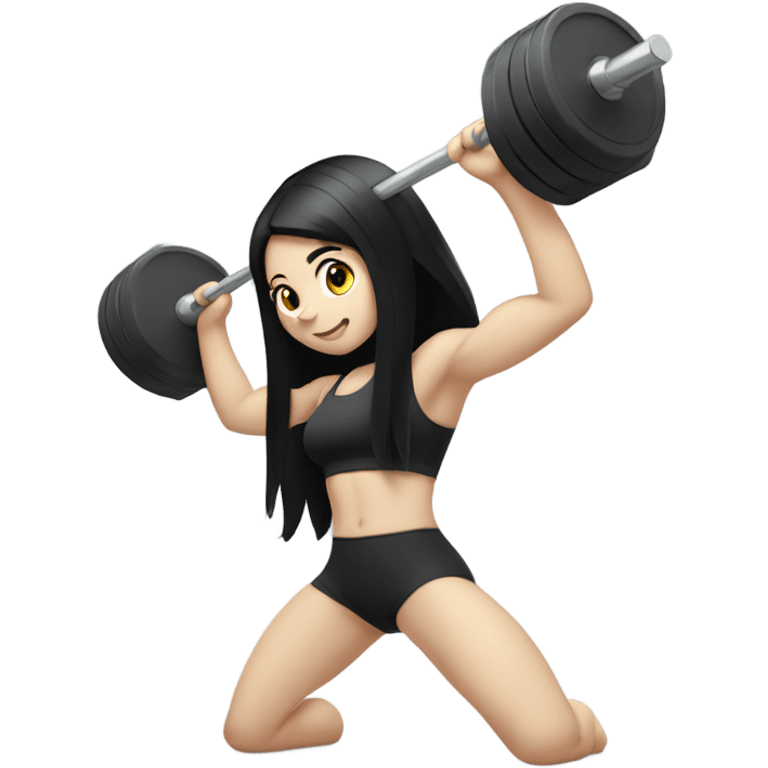 Pale girl with long black hair lifting weights emoji