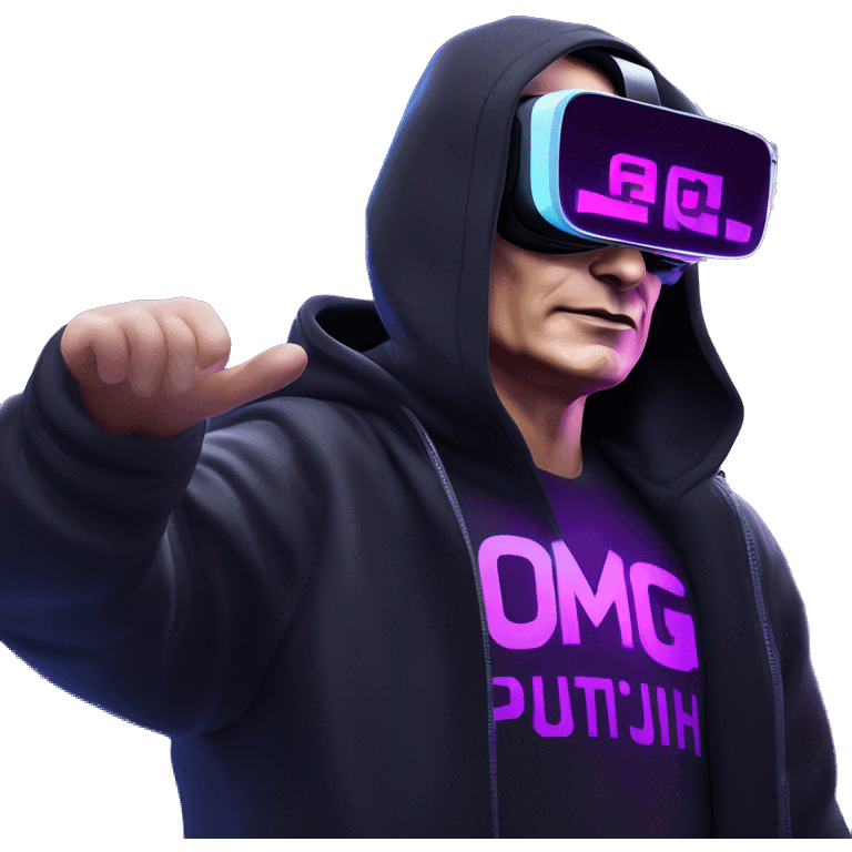 Vladimir Putin wearing a black hoodie with "OMG" letters on it and VR headset oculus quest 2 in a cyberpunk VR environment with violet neon lighting. emoji