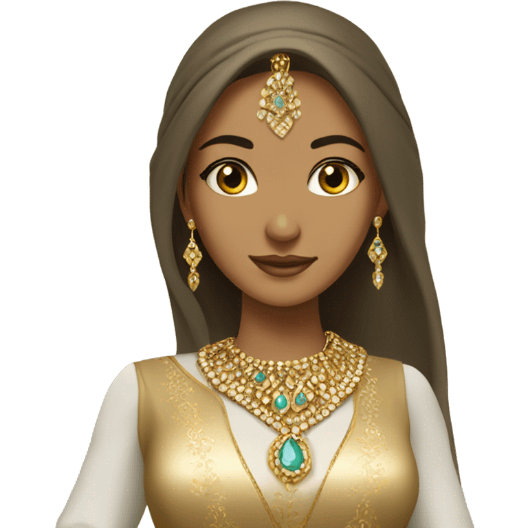 Arab princesse with gold jewellery with tan skin and long hair and beautiful arab dress  emoji