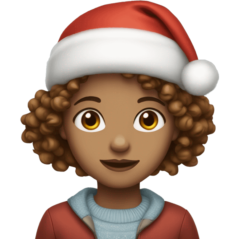 Girl with Light skin blue eyes and Curly brown hair wearing Christmas hat emoji