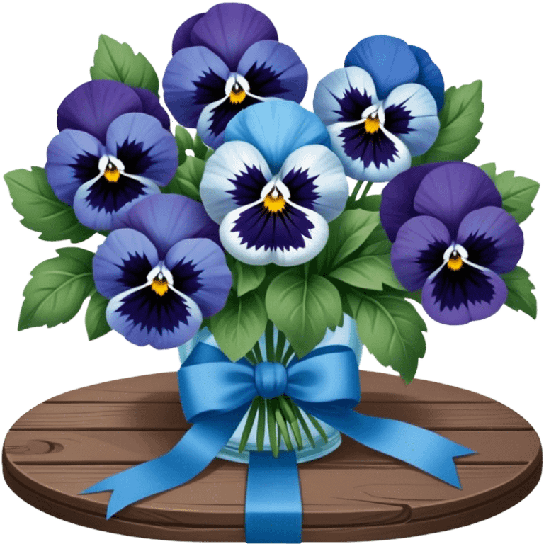 A beautifully tied deep green ribbon wrapped around a bouquet of soft blue pansies, displayed on an antique wooden table. emoji