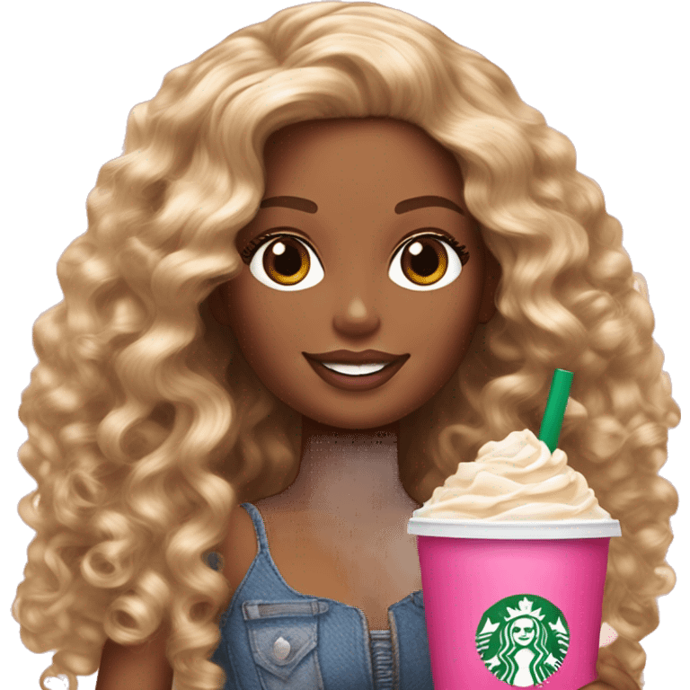 Barbie girl with brown and blonde ombré long curly hair holding Pink starbucks refresher emoji