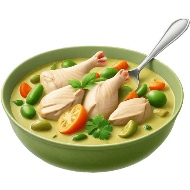 Cinematic Realistic Green Chicken Curry Dish Emoji, depicted with tender chicken simmered in a fragrant green curry sauce with vegetables rendered with rich textures and dynamic, vibrant lighting. emoji