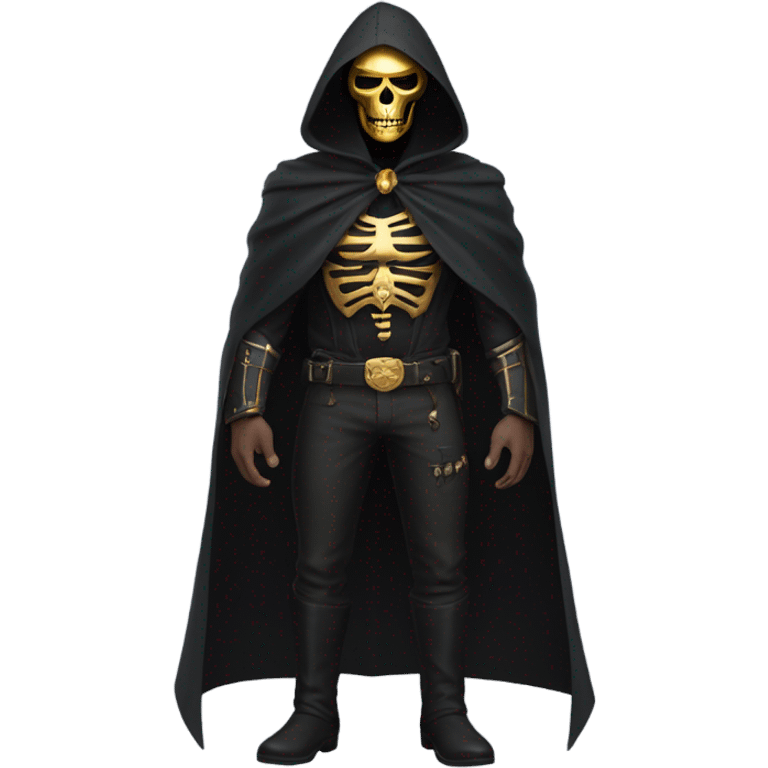 Bounty Hunter Boss with black cape and a gold skull mask from death Stranding, full body view emoji