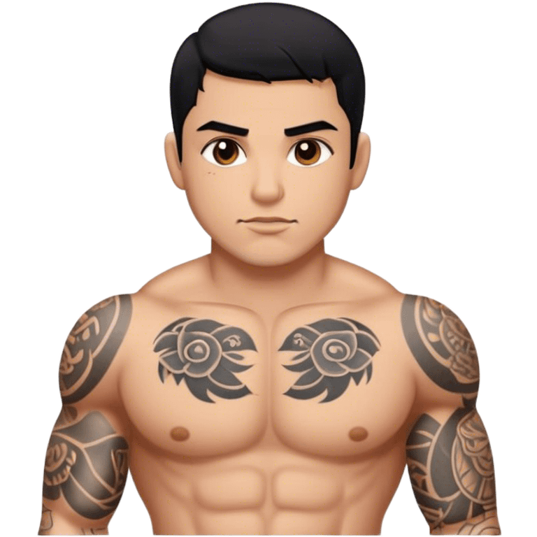 Tattooed, Hispanic man, with black hair and brown eyes, small waist and large chest and shoulders emoji