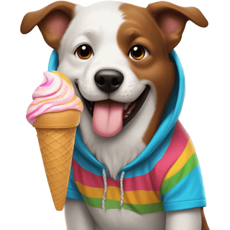 Dog wearing hoodie while eating ice cream emoji