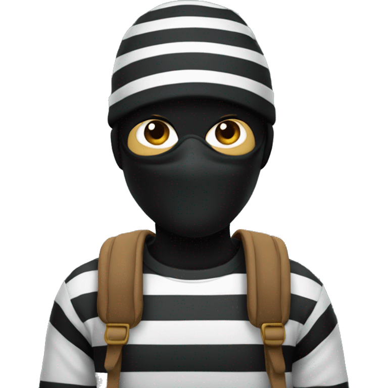 A robber with black and white striped shirt and beanie with a black mask and a bag over his shoulder  emoji