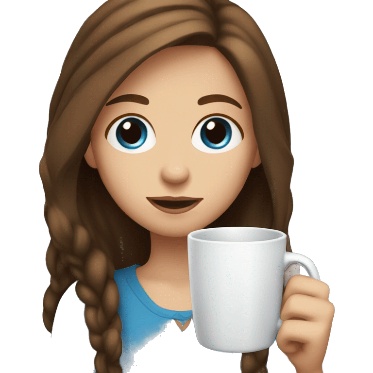 A girl with brown hair with blue eyes holds a mug emoji