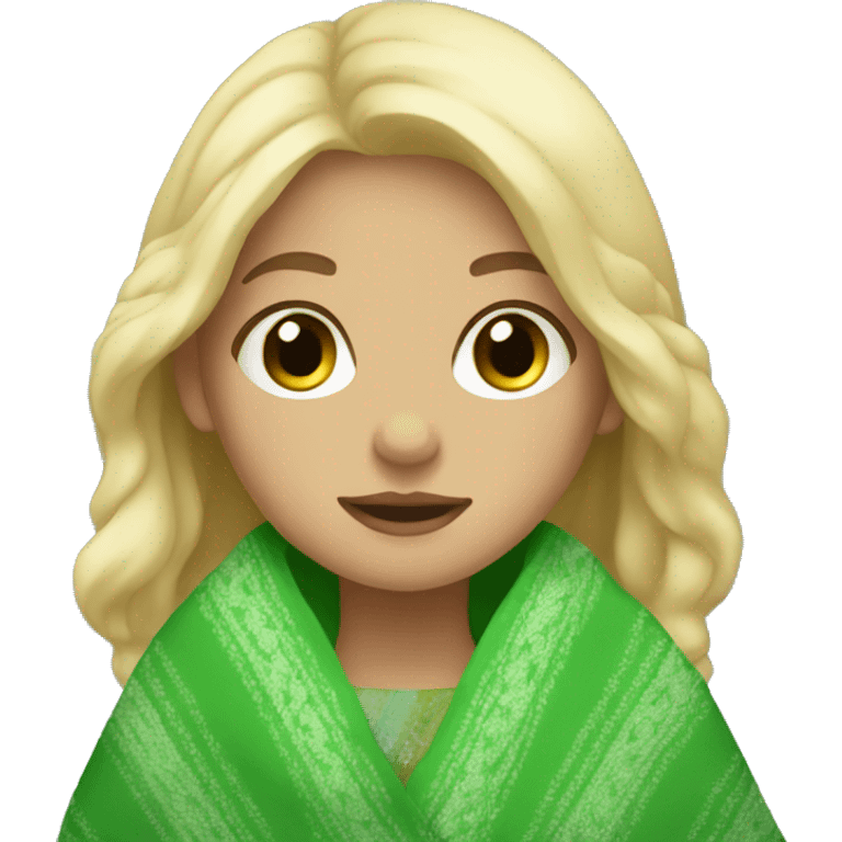 Girl with light hair and green eyes with a blanket emoji