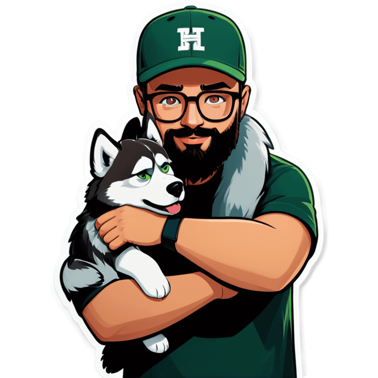 A bold man with a grey baseball cap, green eyes, big beard and glasses hugging a husky emoji