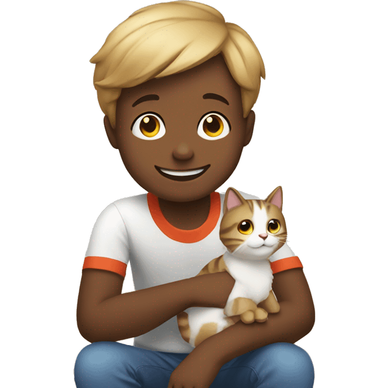 smiling boy sitting indoors with a cat emoji