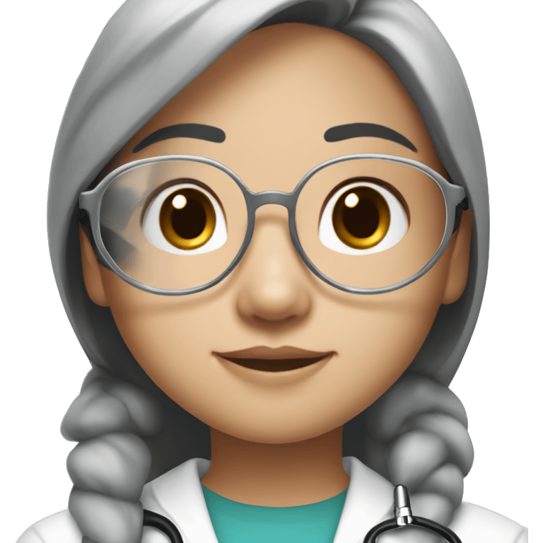 Asian girl, with white skin tone, black hair, wearing silver round harry potter glasses and a white scrub and a stethoscope  emoji