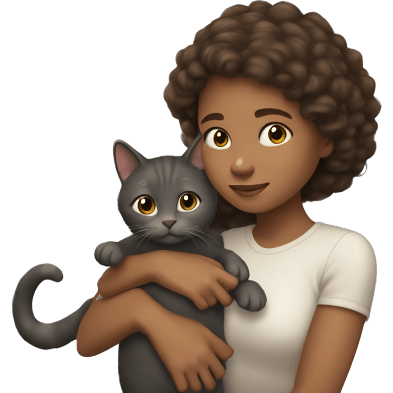 a brown haire girl with light skin hugging her dark grey cat emoji