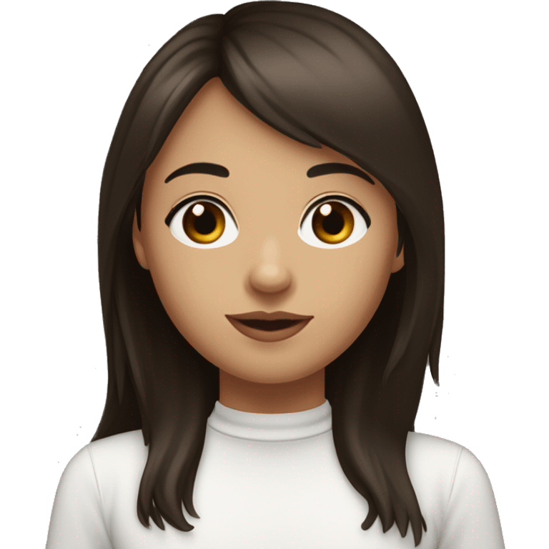 Girl with an oval face, fair skin, long dark brown wavy hair with bangs, brown eyes, dark brown straight eyebrows, medium-sized straight nose, slightly full lips, wearing a black choker necklace and a white t-shirt.
 emoji