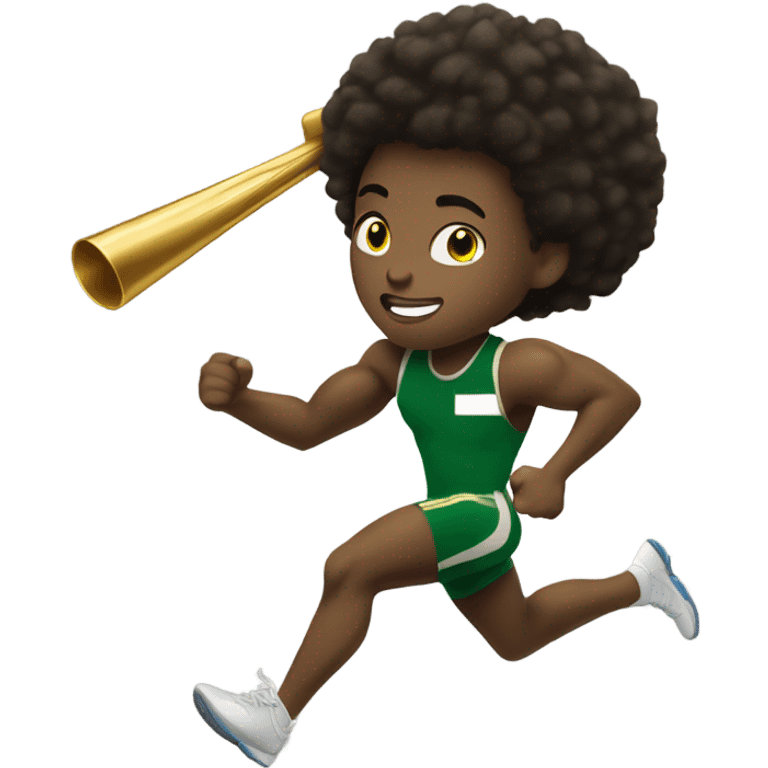 Muscular Afro teenage boy  in green track and field uniform running fast with gold baton. emoji