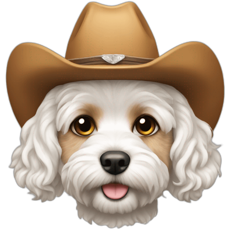 White cavapoo with a cowboy hat emoji