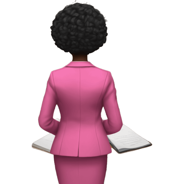 Rear view of Black female Historian with pink blazer and short black hair standing in court emoji