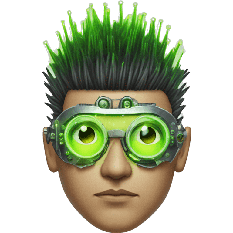 Mohawk hair with neon green highlights Asian male cyborg head with neon silver steampunk goggles and circuits emoji